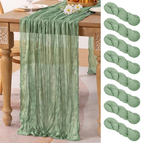 8 Pack Sage Green Cheesecloth Table Runner 10ft Boho Gauze Centerpiece