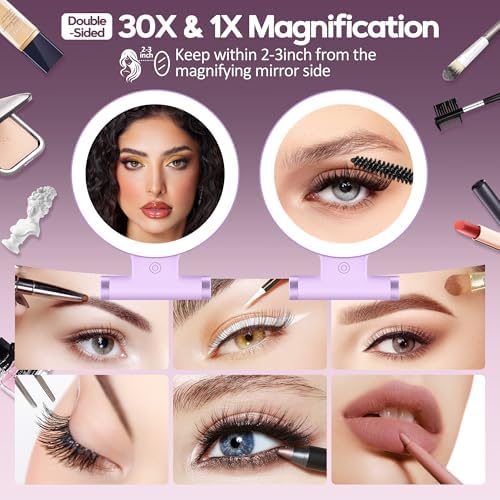 B Beauty Planet Magnifying Mirror with Light 30X, Double-Sided 1X/30X Magnifying Makeup Mirror with Tweezer, 2000mAh 3 Colour Modes with Adjustable Brightness,Foldable Travel Mirror(Purple)