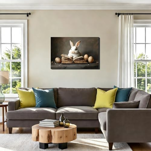 Rustic Easter Bunny,Book,Eggs Wall Art, Easter Framed Rabbit Canvas Prints for Living Room, Cozy Spring Bunny Picture for Home Wall Decor, Easter Decorations for Office Bathroom