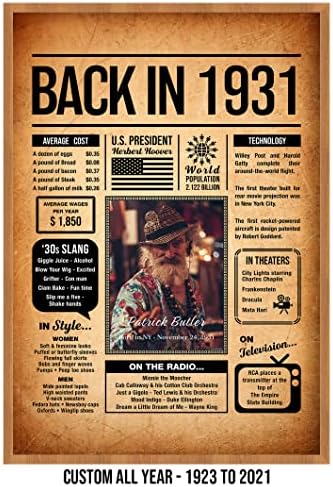 Back in 1931 Poster Sign, Personalized Birthday Gifts Idea, Custom 1931 Historical Birthday Newspaper, Born in 1931 Birthday Party Decorations, Fun Fact for the Day You Were Born, Decor Art Print