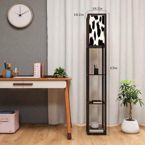 Standing Lamp with Shelves Tall Black White Cow Pattern Used for Modern Wood Corner Lamp for Bedroom Living Room Office Floor Lamp Mid Century Room Decor