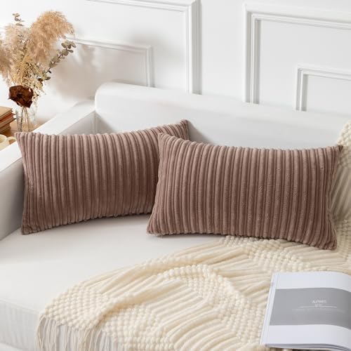 Kevin Textile Striped Corduroy 12”x20” Pillow Covers 2 Pack, Light Brown