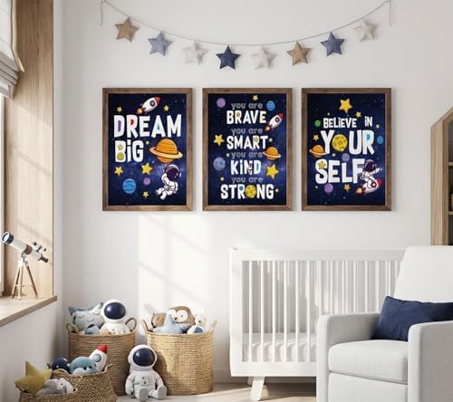 3Pcs Inspirational Space Astronaut Kids Poster Wall Art, Inspirational Quotes Painting Picture Wall Decor, Boys Positive Affirmative Poster Print Artwork for Playroom, Classroom, 16x24in Unframed