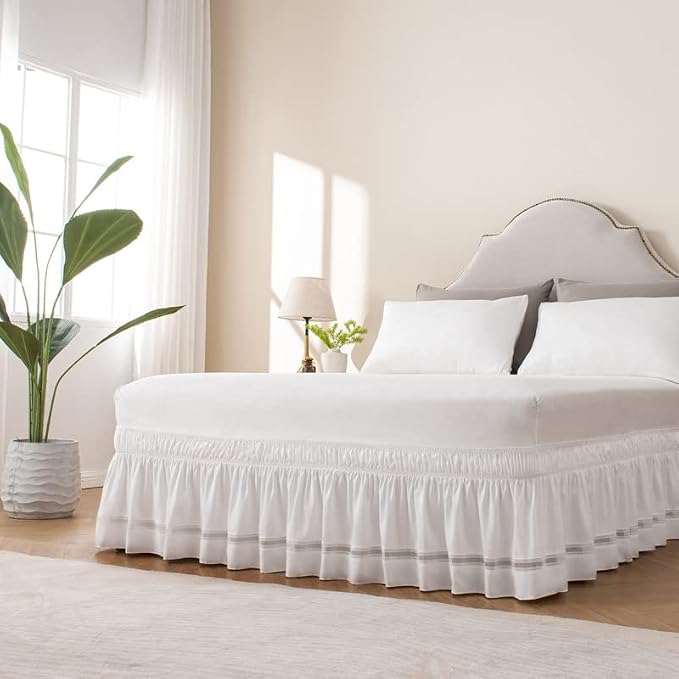 MIYE Wrap Around Ruffled Lace Bed Skirt, Elastic Dust Ruffle with Adjustable Belts, Easy to Put On, Bed Frame Cover, Machine Washable (Ruffled Lace/White, King/Queen-12.5" Drop)