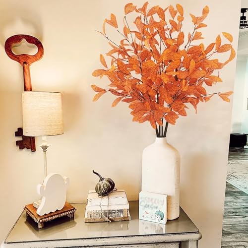 Uieke 18 Pcs Artificial Fall Eucalyptus Stems Fall Eucalyptus Leaves Plants Fall Decorations with Fall Leaves for Autumn Office Home Wedding Centerpiece Fall Florals Arrangement Decor (Orange)