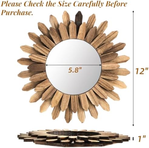 Eorbow Wall Mirror Decorative, 12 inch Small Rustic Wood Boho Mirrors, Clear Sunburst Mirrors for Home Farmhouse Bedroom Entryway Decor House Warming Gifts New Home, No Distortion