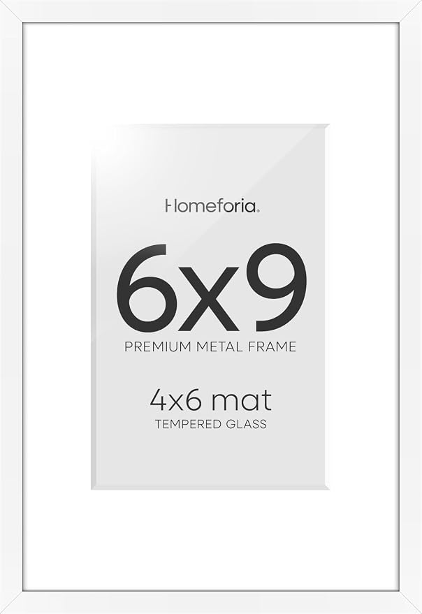 Homeforia 6x9 White Picture Frame, High-End Metal, 4x6 Mat, Glass