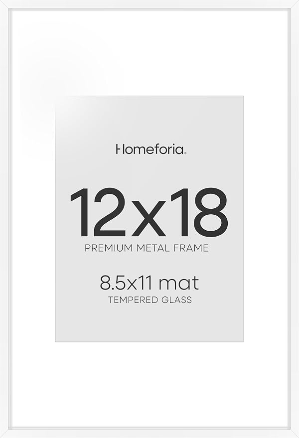 Homeforia 12x18 White Picture Frame, High-End Metal, 8.5x11 Mat, Glass