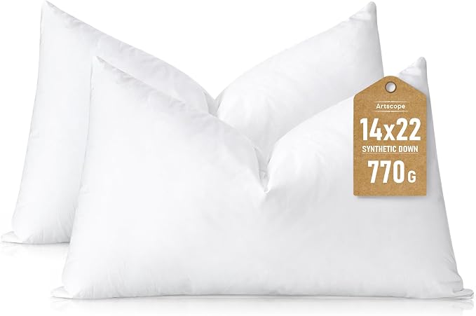 Artscope Synthetic Down Pillow Insert, 14x22 Throw Pillow Inserts Set of 2 | Down Alternative Ultra Soft Fluffy Sleeping Pillow, 100% Cotton Cover, Decorative Pillows-White