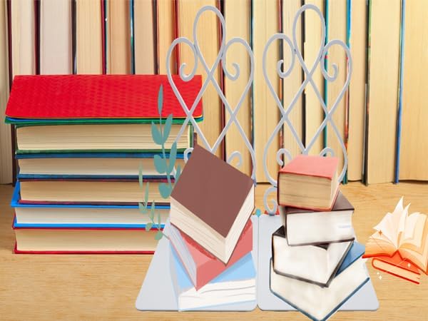 White Metal Bookends, Heavy Duty Book Stoppers for Shelves, Vintage Decorative Book Holders for Home Office Desk, Non-Slip Book Ends for Library Classroom, Set of 2 with Pads