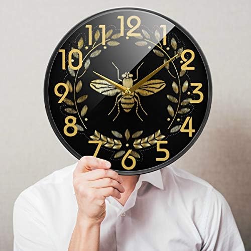 Naanle Golden Bee Insect Pattern Round Wall Clock, 12 Inch Silent Battery Operated Quartz Analog Quiet Desk Clock for Home,Office,School