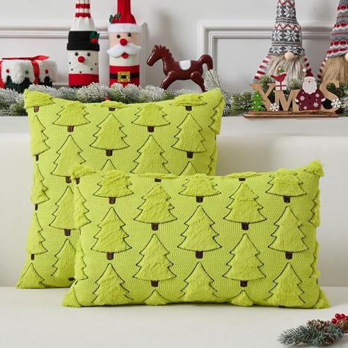 UGASA Christmas Tree Pillow Covers 16x16 Inch Set of 2 Soft Plush Faux Fur Luxury Embroidery Decoration Pillowcases for Couch Sofa Holiday Festivals Winter Xmas Gift, Green