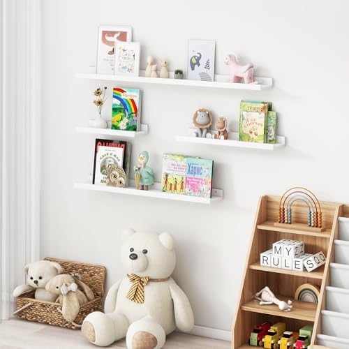 Picture Ledge Shelf for Wall, 36 inches Solid Pine Wood Nursery Book Shelves 3 Packs, Floating Ledge Shelves for Kids' Room Bedroom Bathroom Living Room Photo Frames Office Nursey Wall Decor, White