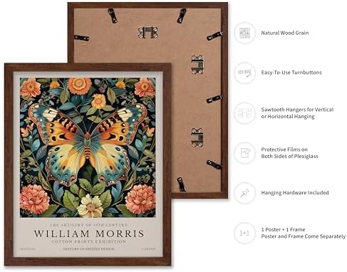 Poster Master William Morris Poster - Butterfly Print - Botanical Art - Flower Art - Exhibition Artwork - Animal Creation - Floral Piece - Aesthetic Illustration - Office or Living Room Decor - 16x20 Brown Framed