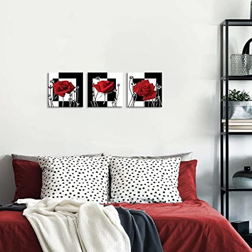 NAN Wind 3 pc Red Rose Wall Decor Black and White Red Rose Pictures for Wall Canvas Art Bedroom Decor Red Wall Art Flower Picture on Canvas for Home Decor Stretched and Framed 12X12inches