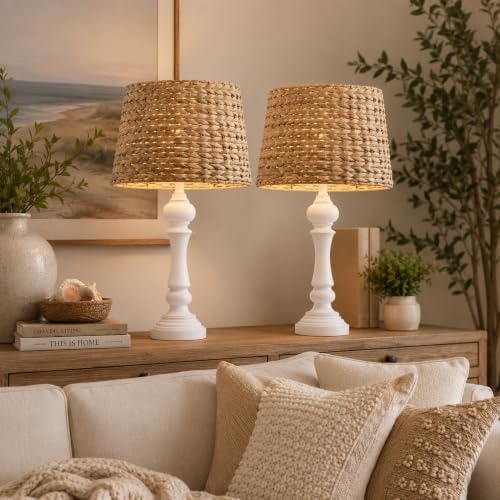 Maxax 26" Boho Rattan Table Lamps Set of 2 for Living Room, Coastal Bedside Lamps with Rattan Shade, Farmhouse Cottage Wicker Lamps, Rustic Resin Nightstand Lamps for Bedroom, White