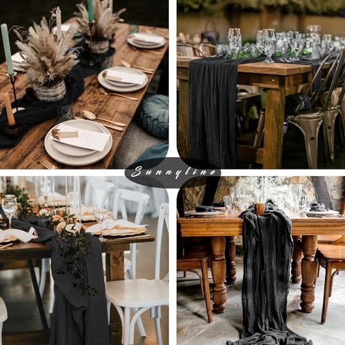 Black Cheesecloth Table Runner 10FT Gauze Fabric Boho Cheese Cloth Table Runner Decoration Rustic Semi Sheer Runner for Wedding Birthday Baby Bridal Shower Party Table (35 x 120 Inches Long)
