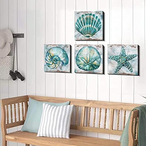 Teal Conch Canvas Wall Art Bathroom Decor Rustic Beach Watercolor Aqua Starfish Prints Pictures Vintage Shell Laundry Painting Poster 4 Pcs Set Modern Beach Theme Bedroom Framed Artwork 24 x 24 Inches
