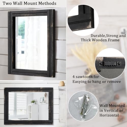AAZZKANG Wall Mounted Mirror Small Rectangular Retro Mirrors with Wood Frame for Bedroom Living Room Bathroom Entryway Large 26"x18"