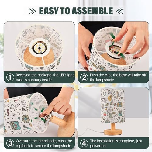Table Lamp Music Pattern Musical Instrument Musical Notes Nightstand Lamp with Wood Base Fabric Lamp Shade Bedside Desk Lamp for Living Room Bedroom Kids Room Office