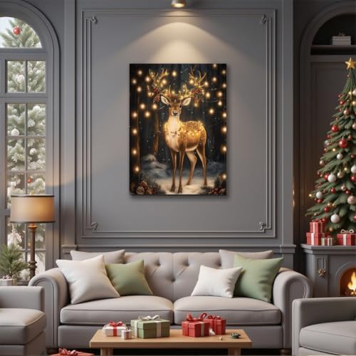 FLZYKGPA Christmas Reindeer Wall Art Framed 16x24, Cottage Winter Forest Wildlife Deer Picture Wall Decor, Rustic Xmas Cozy Winter Hanging Canvas Prints for Home Bedroom Living Room Decoration