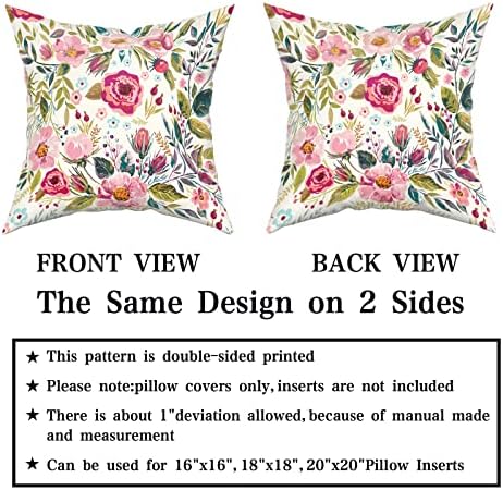 Spring Summer Flower Throw Pillow Covers 20X20 Inch Watercolor Peony Pillowcase Hot Pink Floral with Green Leaves Girly Decorative Square Cotton Cushion Cover Set of 2 for Home Garden Outdoor Bed