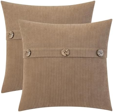HWY 50 Taupe Chenille Throw Pillow Covers 18x18 Inch Buttons Pack of 2