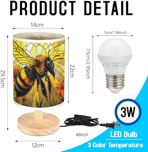 Bee Table Lamp LED 3-Color Pressed Bedside, Bee Shade Lamp with Wood Base for Bedroom Living Room Desk Office TL01
