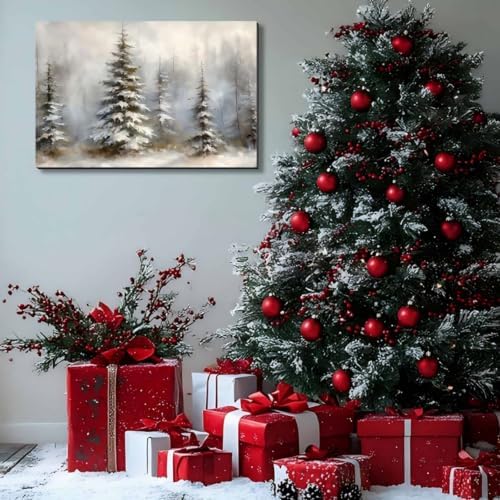 Framed Canvas Wall Art 20x30in, Vintage Snowy Christmas Tree Decor, Pine Tree Pictures for Living Room Decor, Winter Forest Paintings for Bedroom Bathroom, Holiday Decorations Gifts