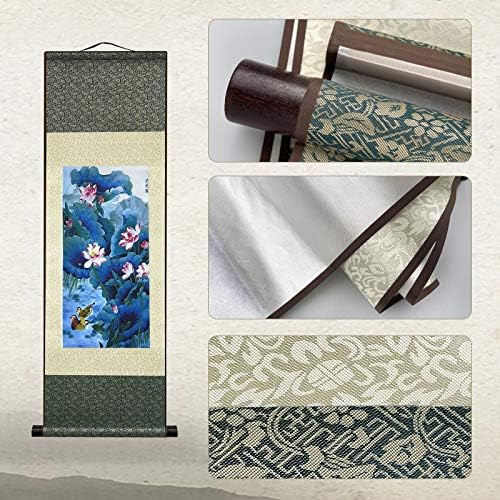 AtfArt Asian Wall Decor Beautiful Silk Scroll Painting Flowers - Lotus Chart Oriental Decor Chinese Art Wall Scroll Wall Hanging Painting Scroll (36.2 x 12 in)