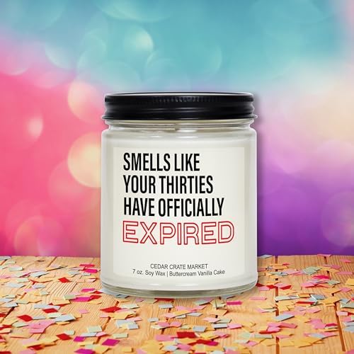 40th Birthday Gifts for Women – Funny “Your Thirties Have Officially Expired” Buttercream Vanilla Candle, 100% Soy Wax, Handmade Aromatherapy Gift for Wife, Mom, Sister, Friend