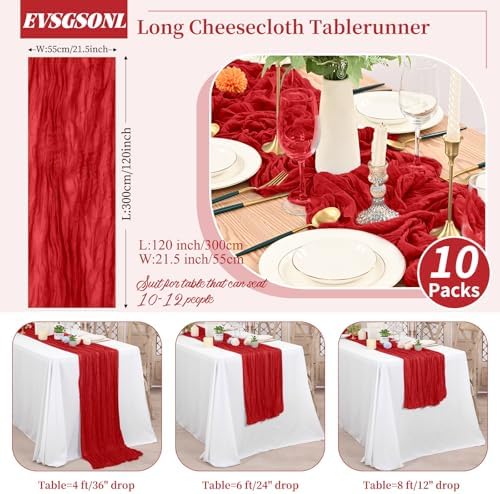 10 Pack Red Cheesecloth Table Runner Long,21.5 x 120 Inch