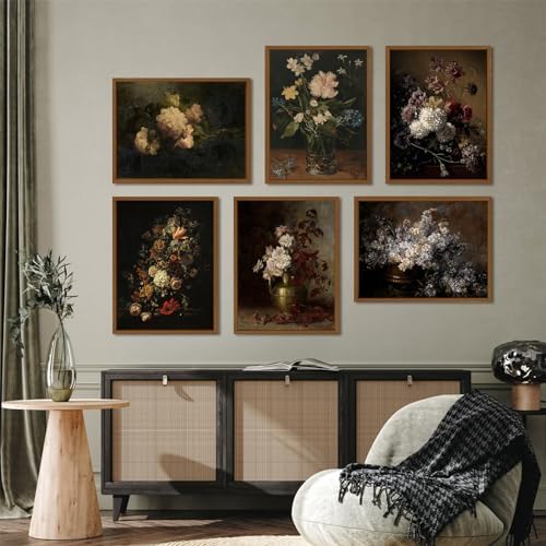 Joocrise Moody Floral Wall Art Painting Set of 6 Dark Academia Wall Decor Vintage Botanical Canvas Wall Art Victorian Flower Art Pictures Vintage Floral Prints for Room Bedroom 12x16 Inch Unframed