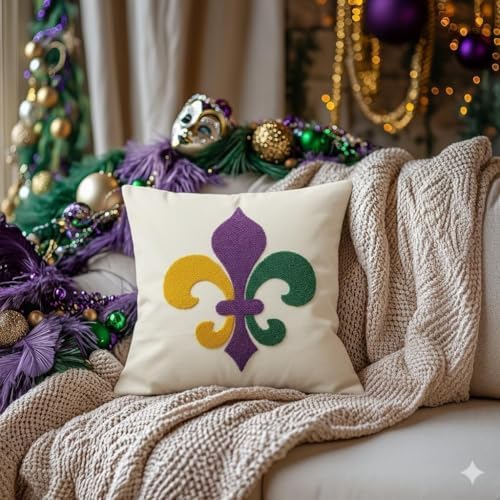 GEEORY Mardi Gras Cotton Embroidered Fleur de Lis Pillow Cover 18x18 Inch, Mardi Gras Decorations Farmhouse Home Decor Canvas Cushion Case for Living Room, Sofa & Bed GX018-1-18