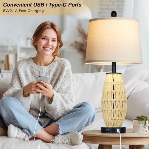 CINSARY 27“ Beige Boho Rattan Table Lamps with Night Light, Natural Bedroom Lamps Set of 2 with USB A+C Charging Ports, Rustic Farmhouse Woven Wicker Bedside Nightstand Lamp for Living Room End Tab