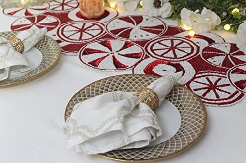 COTTON CRAFT Christmas Beaded Table Runner -13x36 inch Candy Cane Red
