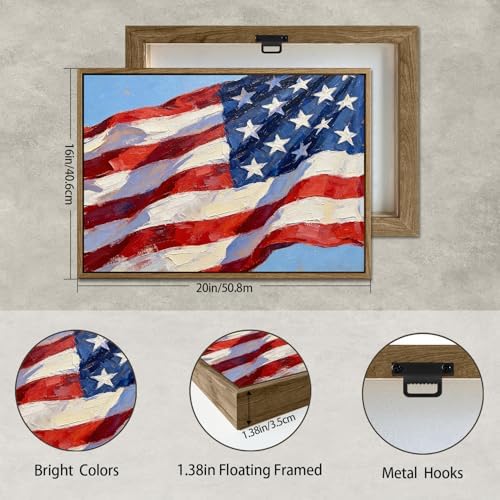 American Flag Framed Canvas Wall Art, 4th of July Patriotic Canvas Prints | USA Flag with Picture Poster Print, Modern Independence Day Wall Decor for Bedroom Living Room Office 16×20in