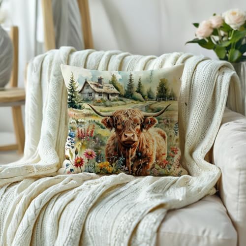 Highland Cow Decorative Throw Pillow Covers with Wildflowers 18x18 Inch Farmhouse Rustic Cushion Cover Western Cows Pillowcase 2Pack for Couch Sofa (Green)