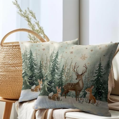 Xmas Reindeer Throw Pillow Cover 20x20 Inch Set of 2 Winter Trees Snowflake Holiday Animals Pillowcase Christma Deer Farmhouse Cushion Case for Home Sofa Couch Decor