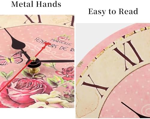 VIKMARI 14in Pink Wooden Wall Clock Roman Numerals Battery Operated Silent
