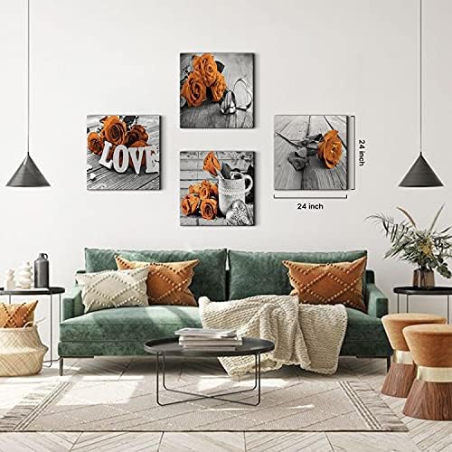 Black and White Bedroom Wall Decor Orange Rose Canvas Prints Art Aesthetic Flower Painting Picture 4 Pcs Sets Accessories Gray Wood Grain Mordern Valentines Office Bathroom Artwork Girls Gift 8 x 8"