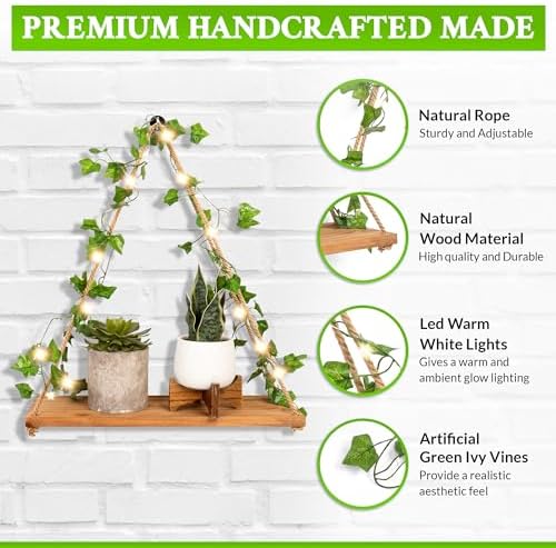 Hanging Shelves Set of 2- Macrame Shelf with Artificial Ivy Vines LED Light Warm White - Boho Shelves for Bedroom Bathroom Living Room - Rope Hanging Plant Shelf Wall Decor