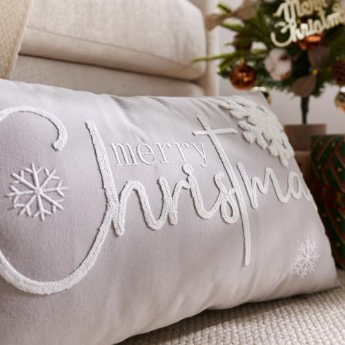 Merry Christmas Pillow Covers 12x20 Inch Embroidery Snowflake Xmas Decorative Lumbar Throw Pillow Cover Winter Holiday Pillow Case Cushion Cases for Sofa Couch Living Room Decorations Gray