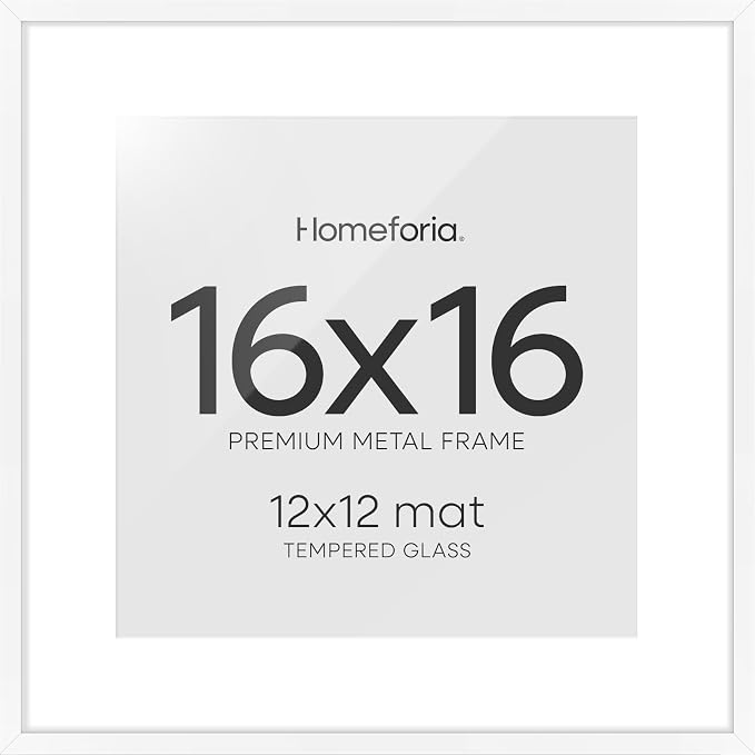 Homeforia 16x16 White Picture Frame, High-End Metal, 12x12 Mat, Glass