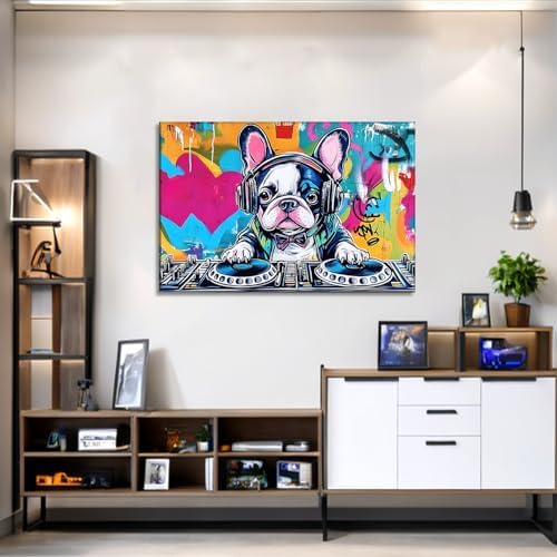 French Bulldog Canvas Art Wall Decor Framed Funny DJ Dog Picture Graffiti Painting Pop Prints Modern Artwork for Living Room Bedroom Home Office Ready to Hang - 20.00"x30.00"
