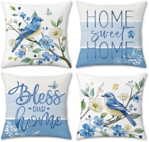 Bonhause Spring Summer Blue Bird Floral Throw Pillow Covers 16 x 16 Inch Flowers Leaves Branch Home Sweet Home Soft Velvet Decorative Cushion Case for Outdoor Patio Sofa Couch Set of 4