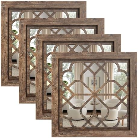 Set of 4 Boho Wall Mirrors with Carved Floral Design, 12x12 Inch Rustic Farmhouse Accent Mirrors, Vintage Style Shatterproof Square Mirror Decor for Living Room, Bedroom，Maroon