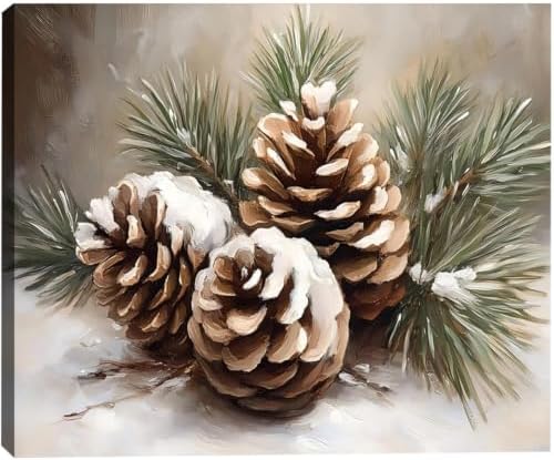Framed Christmas Wall Decor for Living Room 8x12inch, Vintage Pinecone Still Life Canvas Print, Rustic Winter Snow Scene Pictures Artwork, Farmhouse Season Wall Art for Home Decor