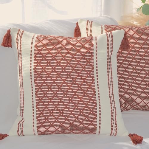 Throw Pillow Cases 16x16 Rust Brown with Boho Tassels Set of 2 Checkered Striped Geometric Pattern Indoor/Outdoor/Decorative Thick Cushion Covers for Patio, Couch Sofa/Woven Pillow Covers