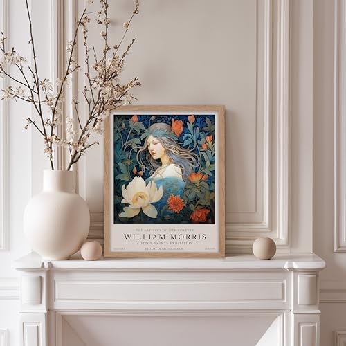 Monem Art William Morris Poster - Woman and Flowers Art Print - Lady Art - Floral Design - Flower Illustration - Aesthetic Bedroom or Living Room Decor - 11x14 Beige Framed
